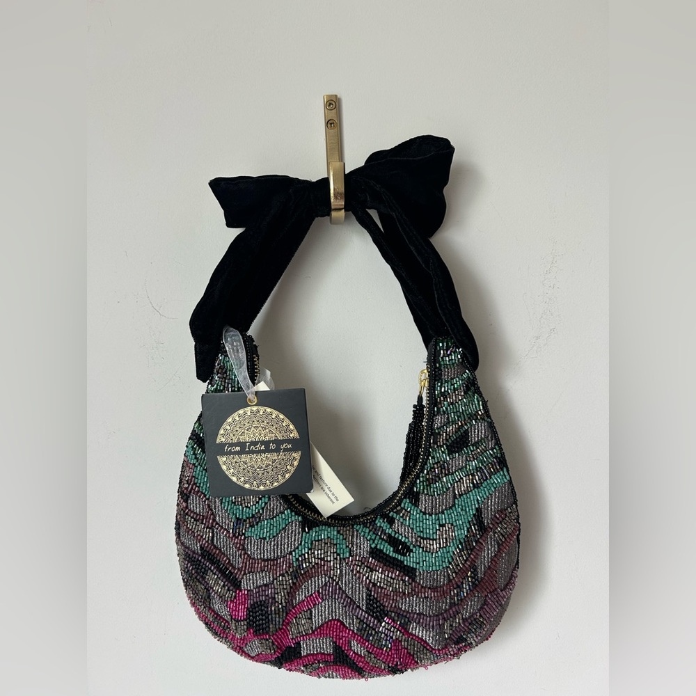 Beaded Black colorful Velvet Bow shoulder strap Bag